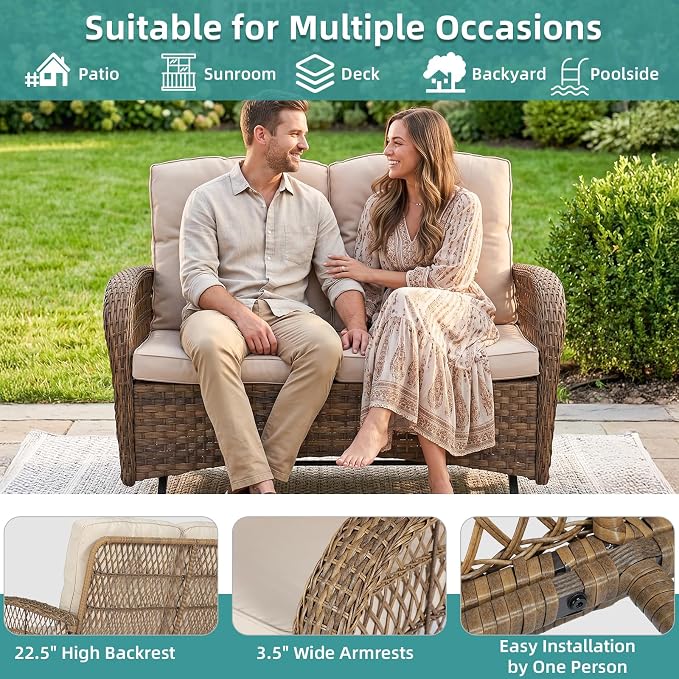 MEETWARM Outdoor Wicker Patio Glider Set, Loveseat for 2 Person Porch Furniture Glider with Glass-Top Coffee Table, Patio Glider Rocking Bench with Thickened Cushions, Brown