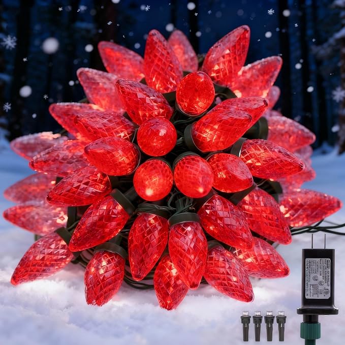 C9 LED Christmas Lights Outdoor,33 Feet 50 LED 8 Lighting Modes Waterproof Connectable Christmas String Lights for Outside Roofline Patio Home Xmas Decorations (Red)