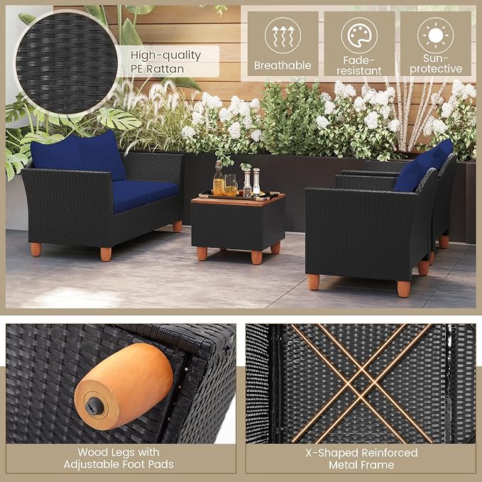 HAPPYGRILL 4 Pieces Wicker Patio Conversation Set, PE Rattan Chair & Ottoman Set with Removable Cushions, Storage Coffee Table, Outdoor Furniture Set for Garden Backyard Poolside (Navy)