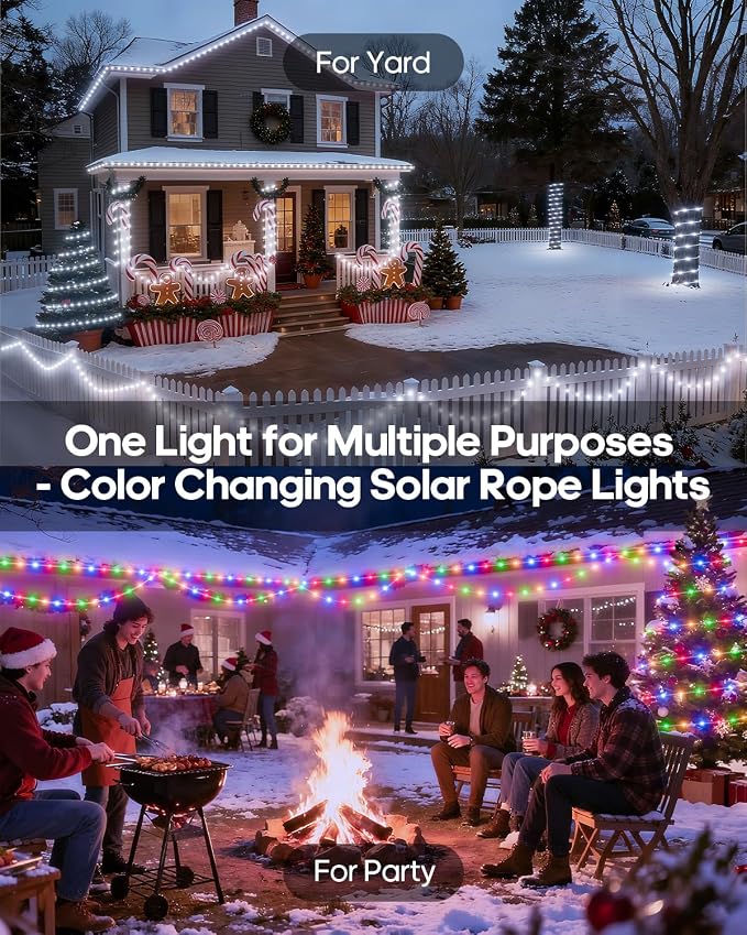 ICRGB Solar Lights Outdoor, 66FT 200LED 1800mah Solar Rope Lights with Remote, Type C, 19 Modes and Timer, IP67 Waterproof for Outdoor Christmas Pool Patio Porch Tree Wedding, Cool White to Multicolor | Type C & Solar, 19 Modes, IP67 Waterproof, With R...