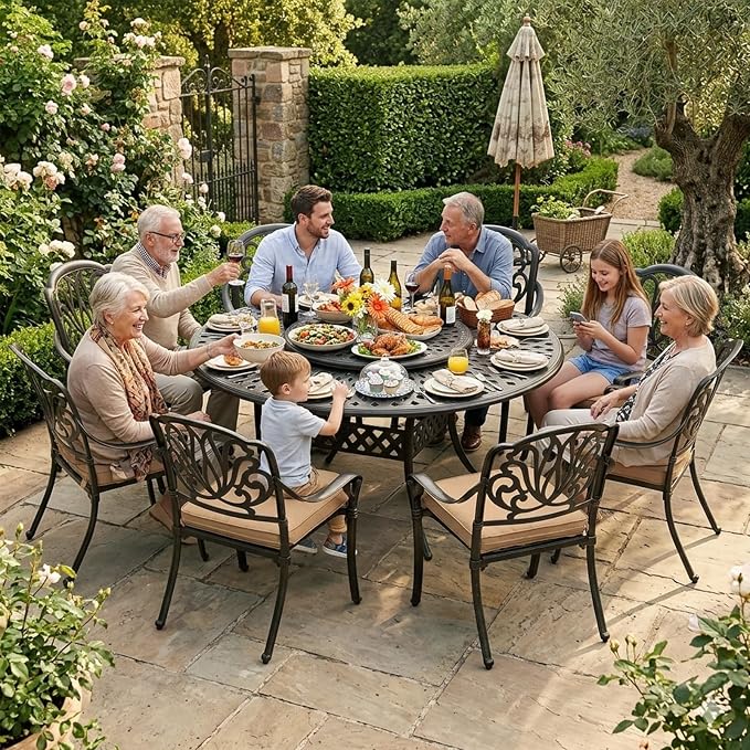 MEETWARM Outdoor 61" Round Patio Dining Table with Detachable Lazy Susan, All Weather Cast Aluminum Large Patio Furniture Table Fits for 6-8 Person with 2" Umbrella Hole, Smooth Spin, Dark Bronze