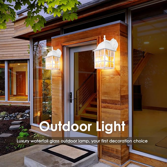 2-Pack Dusk to Dawn Outdoor Wall Light, Waterproof Exterior Wall Lantern Lighting Fixtures with Photocell Sensor, White Outside Sconce with E26 Socket, Anti-Rust Wall Mount for Porch House Garage