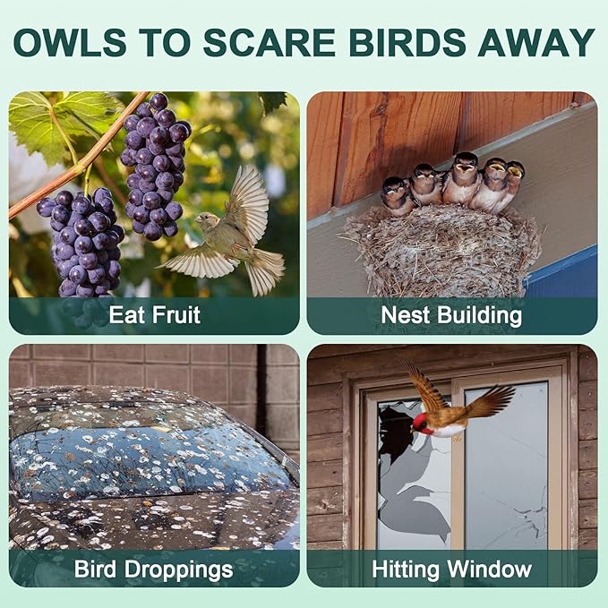Owls to Keep Birds Away: 2Pack Fake Owls with Reflective Tape for Garden Patio, Reflective Hanging Decoration to Keep Birds Pigeon from Windows Tree