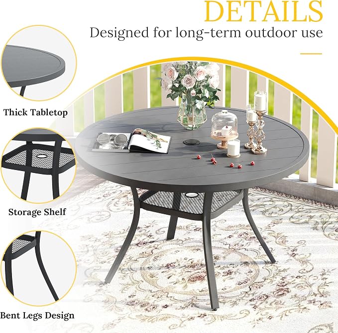 VICLLAX 47.2" Outdoor Round Patio Table for Lawn Garden, All Weather Metal Round Outdoor Dining Table with Adjustable Umbrella Hole, 6 Person Patio Table, Grey