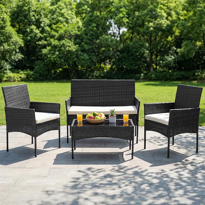 DUMOS 4 Piece Patio Furniture Set, All-Weather Outdoor Wicker Conversation Set with Removable Cushions & Tempered Glass Coffee Table, for Porch, Balcony, Lawn, Backyard, Black