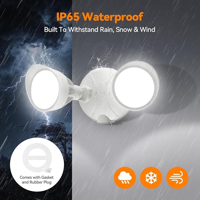 45W 5500LM Outdoor Flood Lights, Dual Head Wall Switch Controlled LED Exterior Flood Light, 5000K Daylight, IP65 Waterproof Hardwired Security Light for Outside Garage Yard (White)