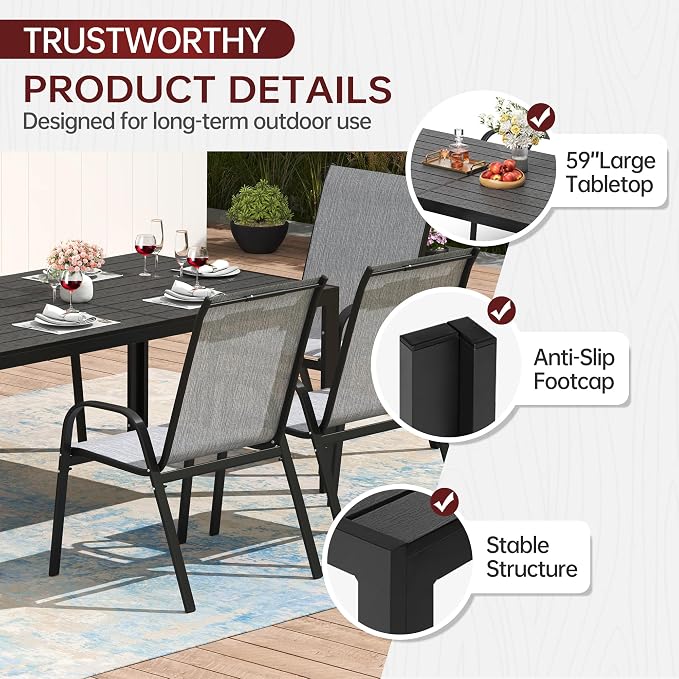 PIZZELLO Patio Dining Table for 6, 59" Rectangular Outdoor Patio Tables with Wood-Like HDPE Slat Top, All Weather Metal Outdoor Dining Table for Lawn Backyard Garden, Black