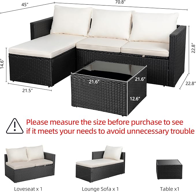 Shintenchi 4 Pieces Patio Furniture Set, 2-in-1 Convertible Sectional Sofa & Chaise Lounge, All-Weather Wicker Rattan Sofa Couch with Cushions & Coffee Table for Yard, Garden, Porch, Poolside (Beige)