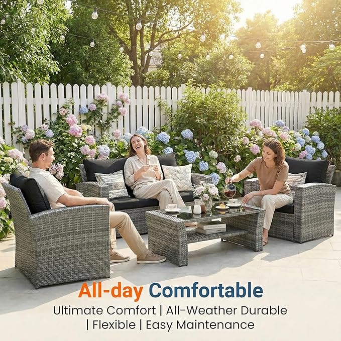 Wisteria Lane Patio Furniture Set, Wicker Outside Outdoor Furniture for All Weather, Patio Sofa with High Backrest Support and Wide Armrest for Backyard, Balcony, Deck, Porch, Black