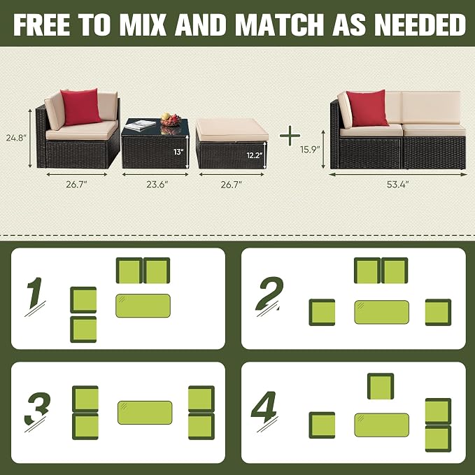 Greesum 2-Piece Patio Conversation Set Wicker Rattan Furniture Outdoor Sofa with Cushions,Pillows for Porch,Lawn and Yard, Beige