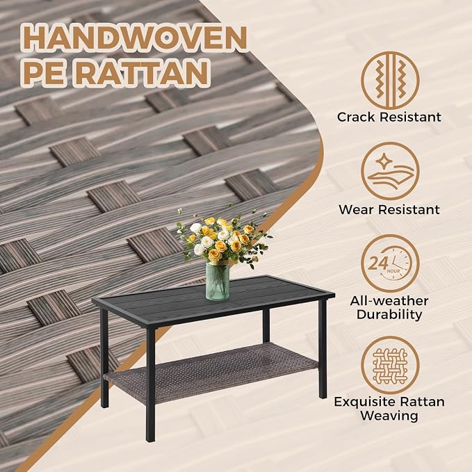 COOS BAY Sunset Haven Outdoor Patio Coffee Table, Rectangle Outdoor Coffee Table with Double-Tier Storage, Wicker Patio End Table, 35.4"x18.1"x18.5", Brown