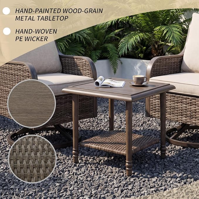 Loungewave Swivel PE Wicker Chairs, 3 Piece Patio Furniture Set, Outdoor Swivel Chairs Set of 2 with Rattan&Metal Side Table, Outdoor Furniture Set for Porch Balcony Garden Poolside (Brown/Beige)