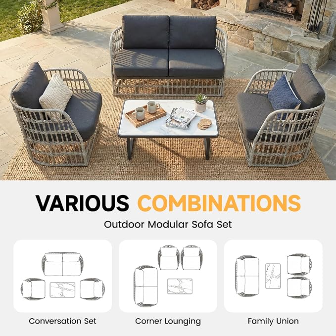 4 Piece Patio Furniture Set, Modern Patio Conversation Set for 4, Rattan Patio Sectional Sofa with Cushions, Backyard Furniture Outdoor Couch with Coffee Table for Deck/Balcony/Porch, Grey