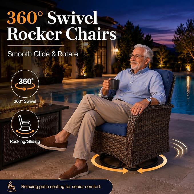 HUMMUH 5-Piece Wicker Swivel Rocker Patio Set with Fire Pit | 50,000 BTU fire pit, powder-coated steel frame, PE wicker, 360-degree swivel, 4-inch sponge cushions