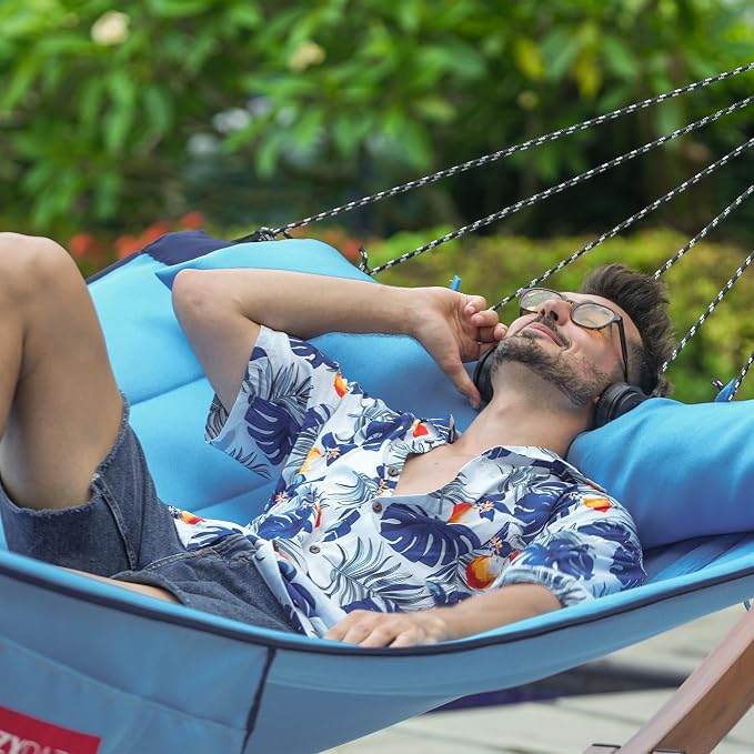 Lazy Daze Hammocks 12 FT Quilted Fabric Hammock with Curved Aluminium Spreader Bar, Double Hammock for Outside with Soft Pillow & Side Pocket 450 Lbs Capacity, Lake Blue