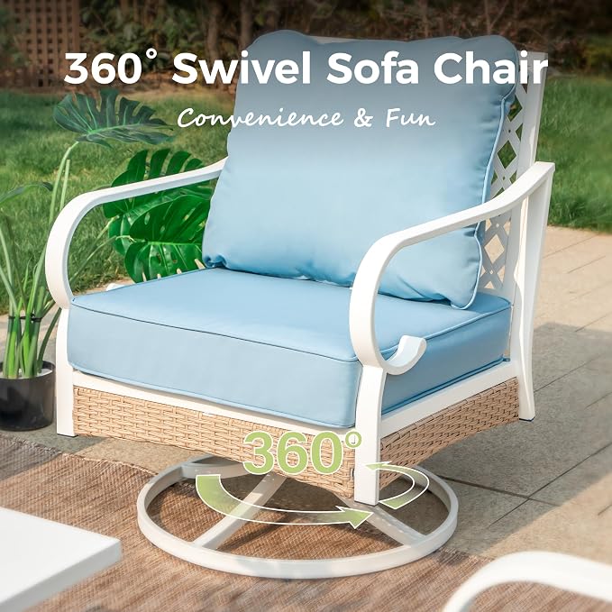 MIXPATIO 6 Piece Patio Furniture Set, 2 x Fixed Chair, 2 x Swivel Chair, 1 x 3-Seat Sofa with Marbling Coffee Table, All Cushioned 7 Seats Outdoor Conversation Set for Lawn Garden Backyard, Blue
