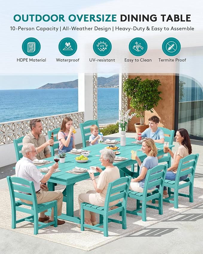 SERWALL 9 Piece 84" HDPE Outdoor Dining Set for 8 with Armless Chairs and Umbrelle Hole, Aruba