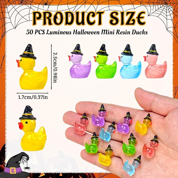 50 Pcs Halloween Luminous Mini Resin Ducks Miniature Figurines | Tiny Little Plastic Duck Figures with Witch Hat Glow in the Dark, Halloween Crafts Micro Landscape Fairy Garden Party Decor