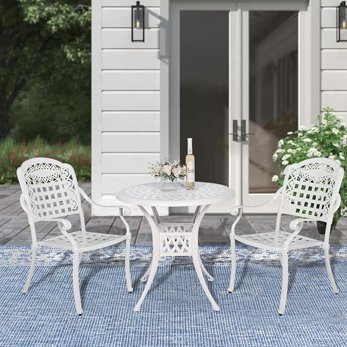 MEETWARM 3 Piece Patio Bistro Set, Outdoor All-Weather Cast Aluminum Dining Furniture Set Includes 2 Chairs and a 31” Round Table with Umbrella Hole for Garden Deck, White