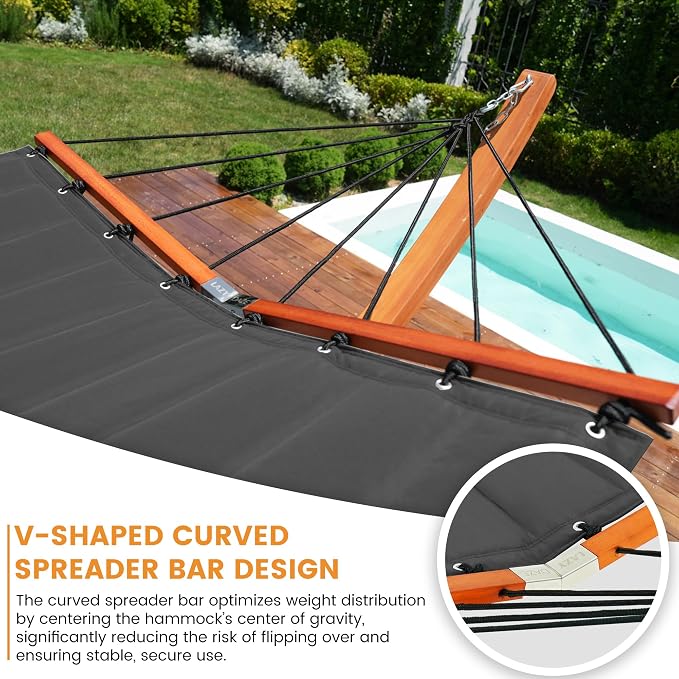 Lazy Daze Hammocks 12FT Quilted Double Hammock with V-Spreader Bar, 2 Person Portable Hammock with Nylon Rope, Side Pocket and Pillow, 450lbs Capacity, Includes Carry Bag for Outside, Grey
