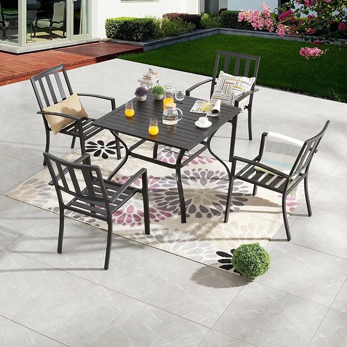 PHI VILLA Patio Dining Set,4 Stackable Chairs& 37" Square Metal Table | Outside Furniture Set for Patio, Deck, Backyard, Porch