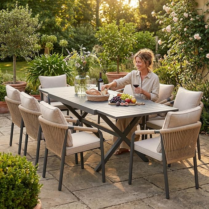 SUNSITT 7 Piece Outdoor Patio Dining Set, 65" - 107" Metal Expandable Outdoor Dining Table with X-Shape Legs, 6 Woven Wicker Patio Chairs w/Curved Backrest for Garden, Dark Grey