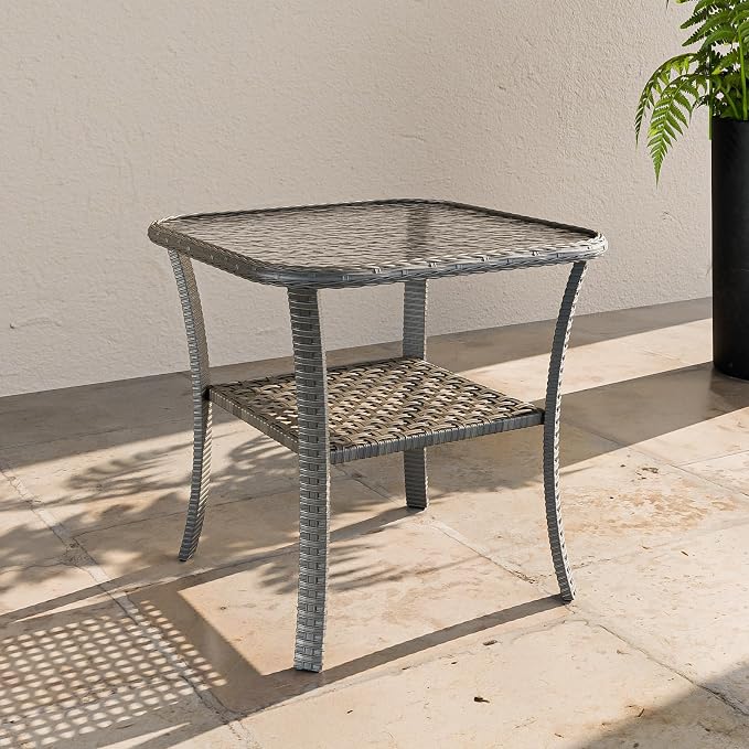 EAGLE PEAK Rustic Veranda Outdoor Wicker Side Table with Lower Storage, Rattan Coffee Table with Tempered Glass Top, Stonewash Gray