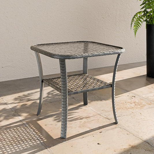 EAGLE PEAK Rustic Veranda Outdoor Wicker Side Table with Lower Storage, Rattan Coffee Table with Tempered Glass Top, Stonewash Gray