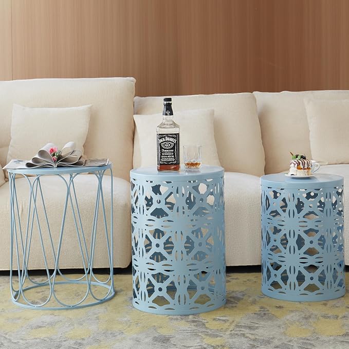 Y&M Set of 3 Metal Round Patio Side Tables, Multifunctional Coffee Table End Table for Indoor & Outdoor Garden Stool Modern Design - Blue
