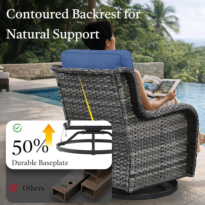 Outdoor Swivel Chairs-Patio Swivel Glider Chairs with Ottomans Outdoor Conversation Set for Deck Balcony Poolside Backyard-Grey/Blue