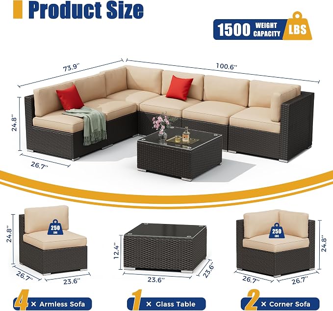 Betterland 7 Piece Outdoor Sectional Sofa Set Patio Furniture Set, All-Weather PE Black Wicker Patio Conversation Set with Washable Cushion and Glass Table(Brown Cushions)