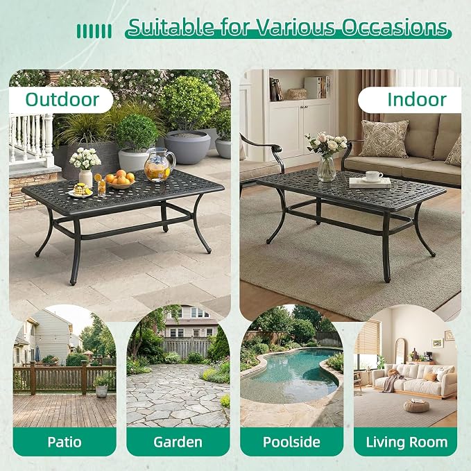 VIVIJASON Cast Aluminum Outdoor Coffee Table, 42 x 24 Inch Rectangular Patio Conversation Table with Lattice Top, Rust-Resistant All-Weather Center Table for Deck, Backyard, Porch, Antique Bronze
