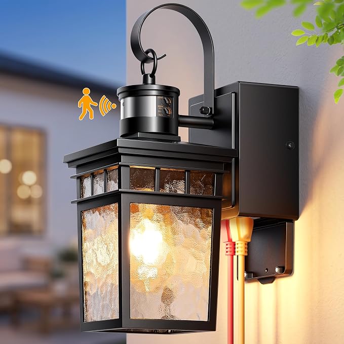 Gleamz Adjustable Time & Distance Motion Sensor Porch Light with GFCI Outlet, Modern Exterior Lighting Fixtures, Black Outdoor Lanterns for Porch, House, Patio, Garage, Waterproof, Aluminum, 1 Pack