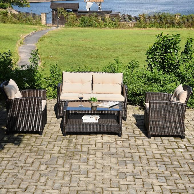 Tangkula 4-Piece Outdoor Rattan Furniture Set, PE Rattan Wicker Sectional Sofa with Loveseat Chair & Glass Table, Patio Cushioned Conversation Sets for Backyard Porch Garden Poolside (1, Brown)