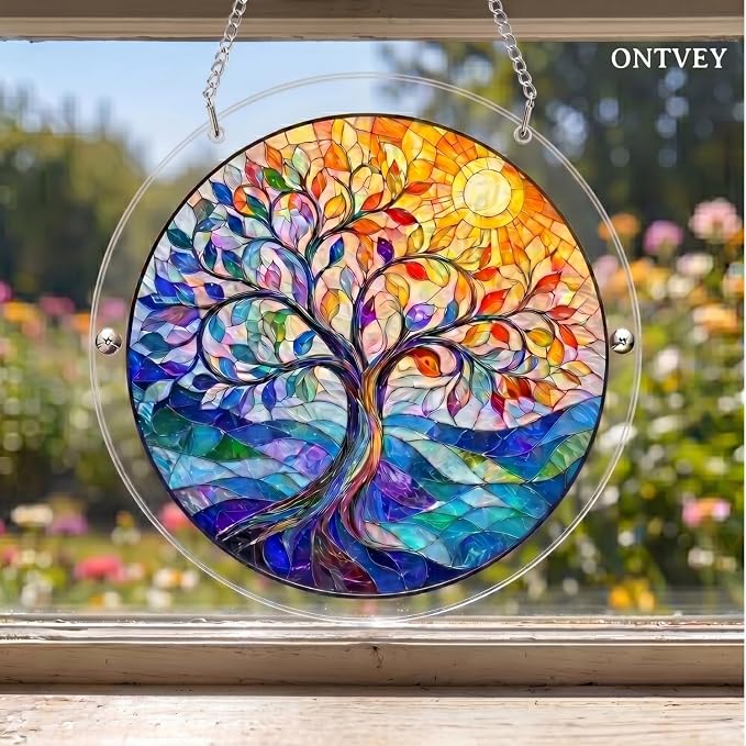 Acrylic Jigsaw Puzzle Suncatcher - Vivid Tree Acrylic Puzzle Window Hanging Kit, 83 Irregular Pieces & Hanging Chain - Creative DIY Home Indoor & Garden Decor (7.4 Inch)