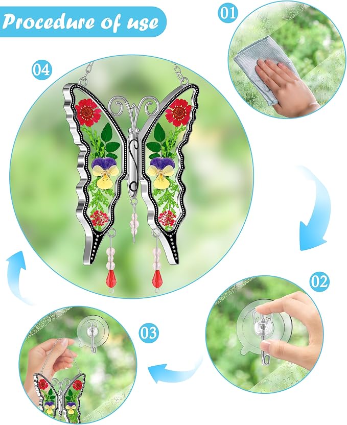 KY&BOSAM Pressed Flowers Butterfly Suncatcher Stained Glass Window Hanging | DIY Gift for Women Wind Chimes Ornament,Metal Frame & Dried Flowers in Glass,Mothers Day Gifts for Mom,Birthday,Christmas