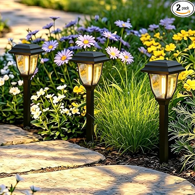Solar Pathway Lights 2 Pack Mini Outdoor 3000K Bright Auto On/Off Solar Garden Lights Long Lasting Solar Powered Landscape Light for Path Yard Walkway Lawn Driveway Decor Lighting - Warm White