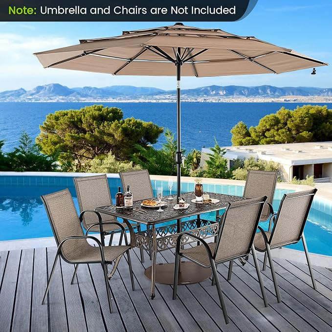 Giantex Patio Dining Table, Cast Aluminum Outdoor Table for 6 or 8 Persons, Heavy-Duty Structure, Adjustable Footpads, All-Weather Square Umbrella Table with Hole, 59" Lx35.4 Wx28.3 H