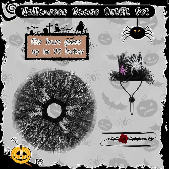 alloween Porch Goose Outfits and Goose Clothes Fits 17-23 In Statue | Black Tutu Skirt Goose Costume with Rose Necklace for Outdoor Patio Yard Lawn Party Decoration