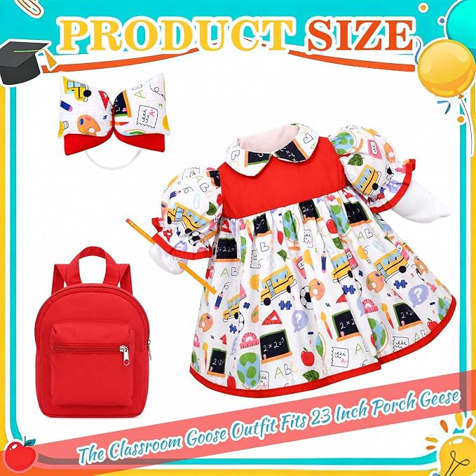 JcHrmers Back to School Porch Goose Outfits Includes Bow Headband Red Schoolbag Doll Collar Dress and Pencil for 23'' Cement Goose Statue for Garden Patio Lawn Yard Outdoor Decoration