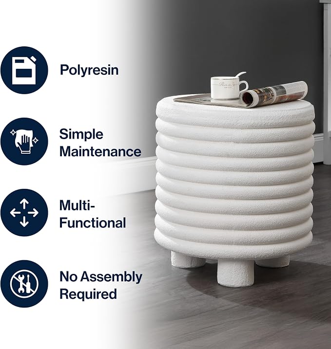 JONATHAN Y Evans Modern Ribbed Drum Outdoor Accent Table, 18" H Weather-Resistant Footed Garden Stool for Patio, Porch, and Living Room, Frosted White TBL1107B
