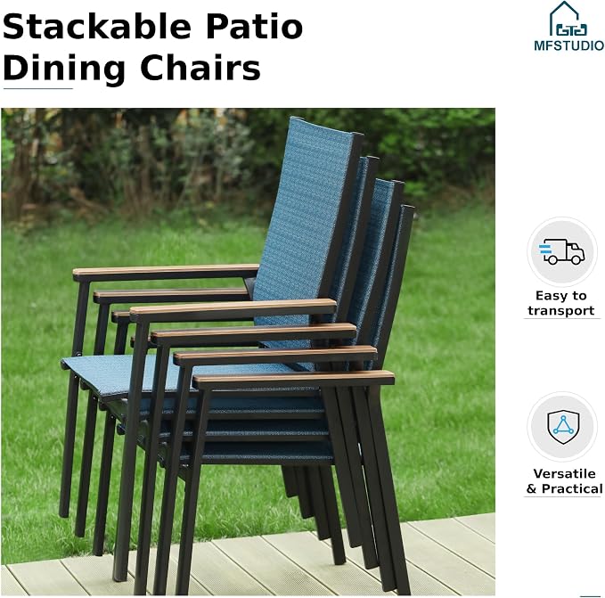 MFSTUDIO 7 PCS Patio Dining Set with 6 Stacking Aluminum Armchair(Blue) and 64" Rectangular Heavy Duty Table