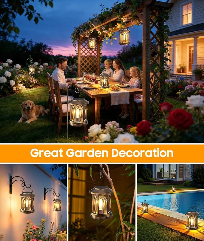 Solar Lantern Outdoor Lights with Wall Mount Kit, 2 Pack Upgraded Solar Lanterns Outdoor Waterproof, Hanging Solar Lights for Outside Decorative Yard Patio Path Porch Garden(Antique Copper)