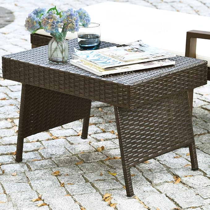 LDAILY Outdoor Side Table, Portable Wicker Coffee Table with Rattan and Steel Frame, All Weather Pre-Assembled Coffee Furniture, Standing Folding Patio for Courtyard, Poolside, Garden (Brown)