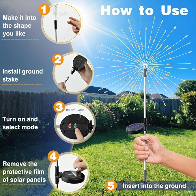 btfarm 1 Pack Solar Garden Lights Outdoor, 8 Modes Firework Lights Outside | 120LED, Waterproof Fairy Twinkle Light Solar Powered for Yard Christmas Pathway Lawn Pool Patio Decorative, Warm White