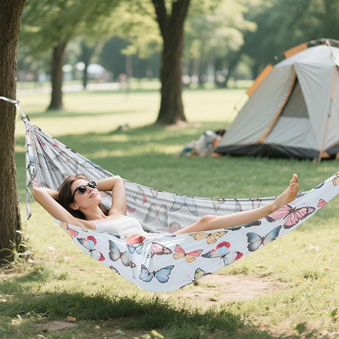 Camping Hammock Outdoor Hammocks for Outside Butterfly Pastel Blue Beach Trees Portable Lightweight with Pockets Tree Straps Indoor