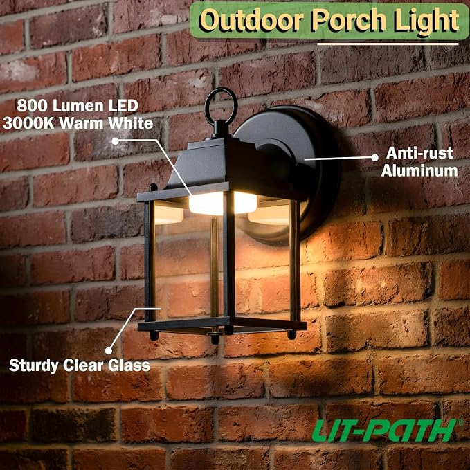Outdoor Wall Light Fixture, Rustproof Aluminum, Clear Glass, LED | Exterior Porch Light Wall Sconce Lantern for House, Patio, Garage, Waterproof Anti-rust, 9.5W 800 Lumen, 3000K, Black, 1 Pack
