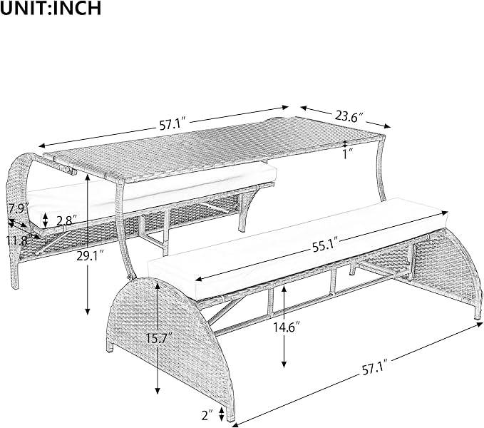 Convertible Bench Table Outdoor, 57.1" 2-in-1 Outdoor Loveseat Transforms to 4-Seat Folding Picnic Table, HDPE Wicker Iron Frame Portable Patio Furniture for Garden Backyard Lawn, Gray