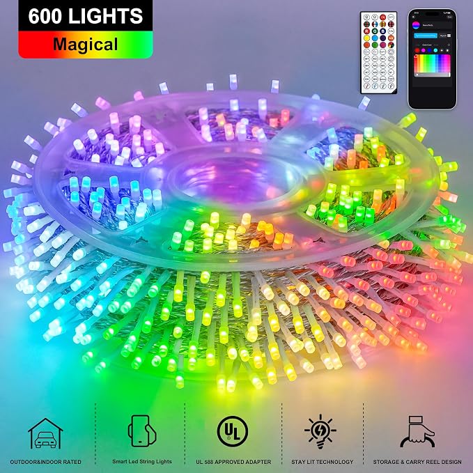 JMEXSUSS 600 LED RGB String Light Outdoor, Christmas Halloween Lights | 198 Ft Color Changing Christmas Tree Lights Plug in for Bedroom Tree Room Party Birthday Decorations, Clear Wire