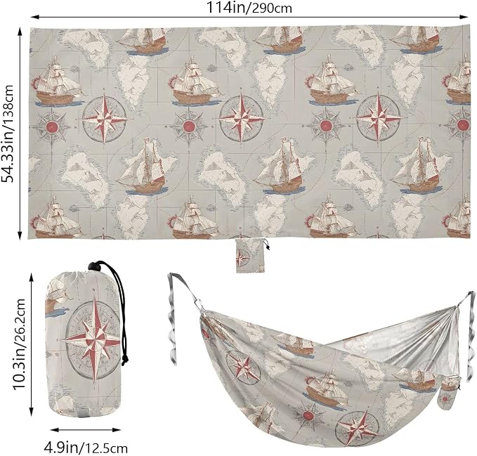 Camping Hammock Outdoor Hammocks for Outside Nautical Map Sailboat Beach Trees Portable Lightweight with Pockets Tree Straps Indoor Small